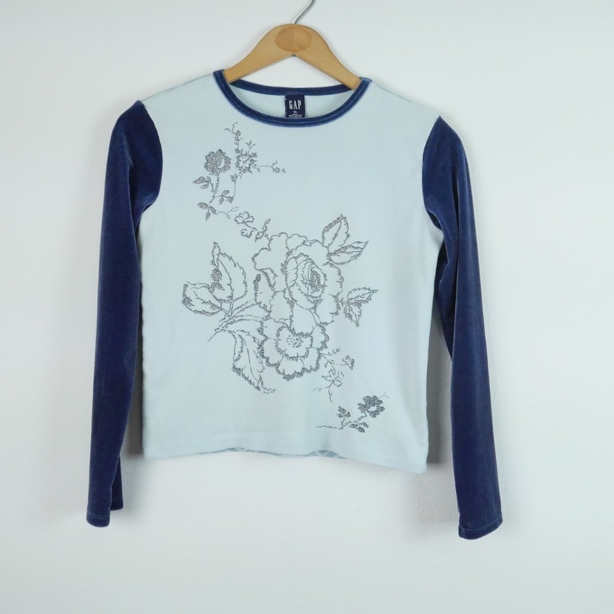 Vintage Gap Kids Xl Blue Velvet Sleeve Floral Glitter Zebra Print Top Y2k